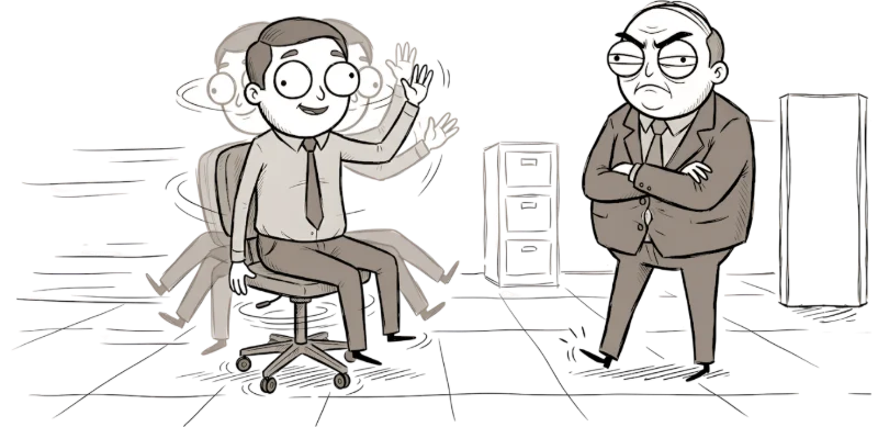 An employee spinning happily in his office chair while the boss glares, arms crossed